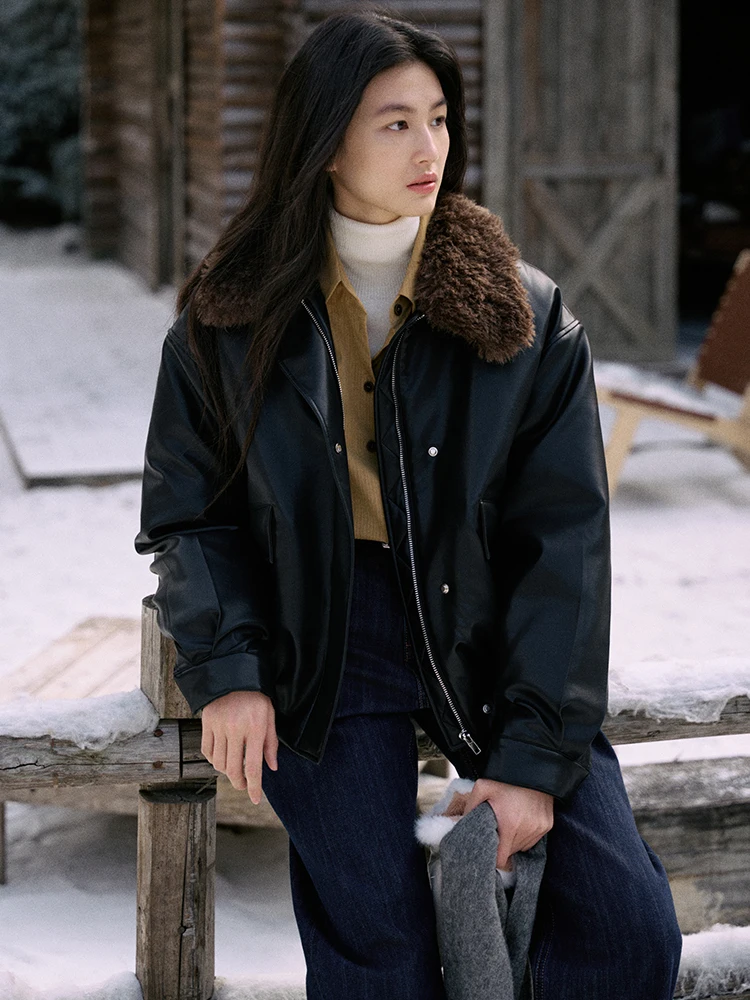 

Jicouture90 Women's down Jaet White Du Feather PU Leather Fur Collar Biker Coat Winter Warm Retro Sle Long Sve Zipper