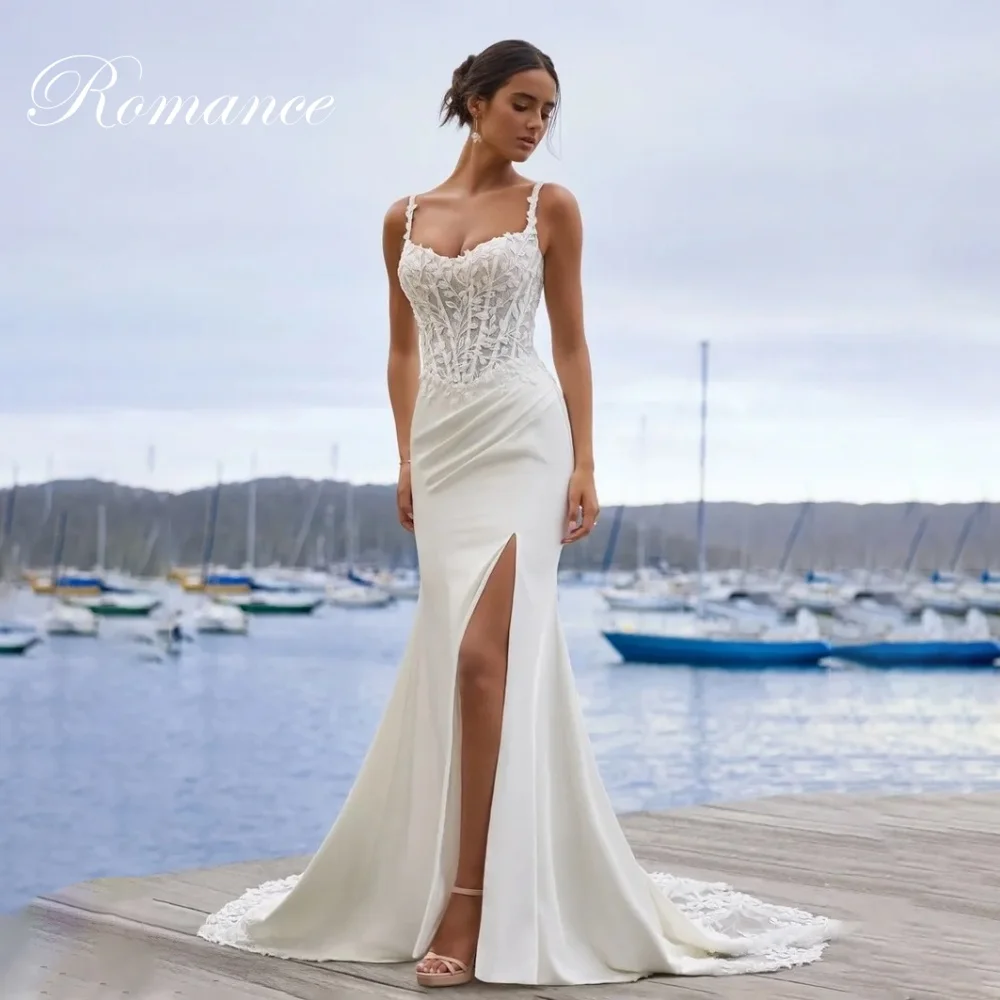 Sexy decote em v apliques sereia vestido de casamento feminino 2025 plissado cintas de espaguete aberto volta botão de renda vestidos de novia personalizado