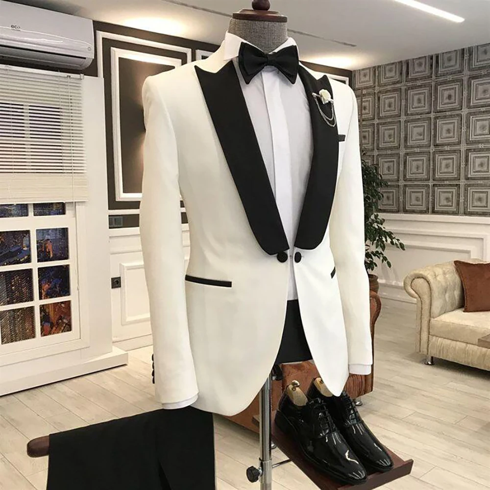 Boutique White Blazer Different Collar Shapes Men's Suit 2 Pieces Single Buckle Peak Lapel Set Daily（Jacket+Black Pants）