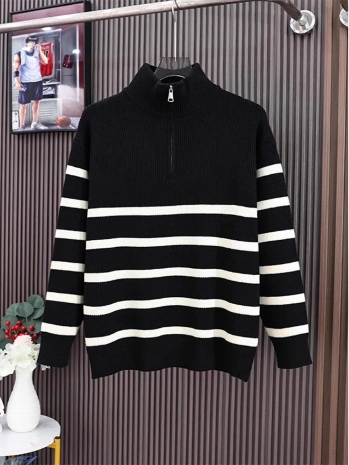 

Loose Fit Zipper f Open Knitted Sweater Men's Stand Collar Lazy High-End Sle Long Sve Busin Casual Stripe Pattern