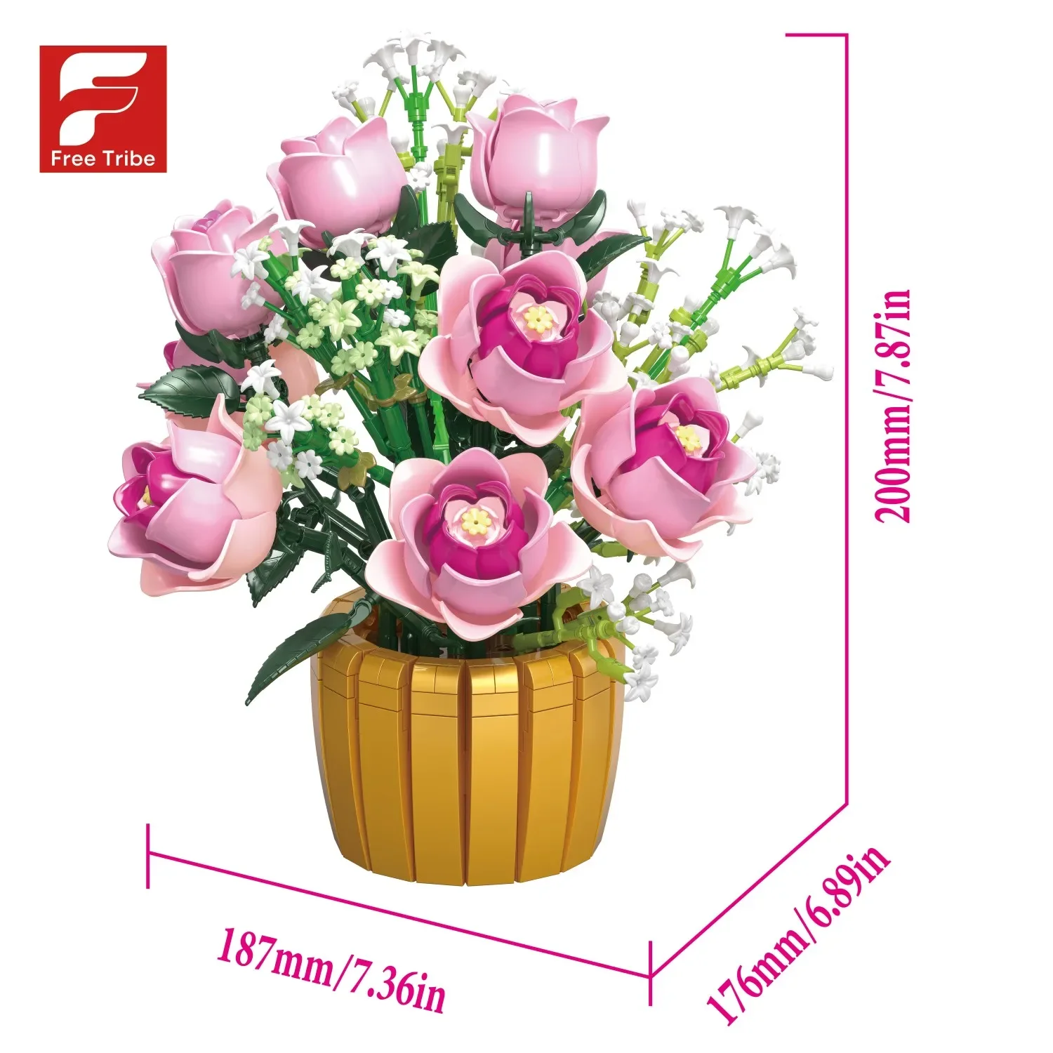 1056PCS Roze Roos Ingemaakte Bouwstenen Bloemenvaas Model Bricks Desktop Ornament Romantische Gift Educatief DIY Speelgoed Voor Kinderen