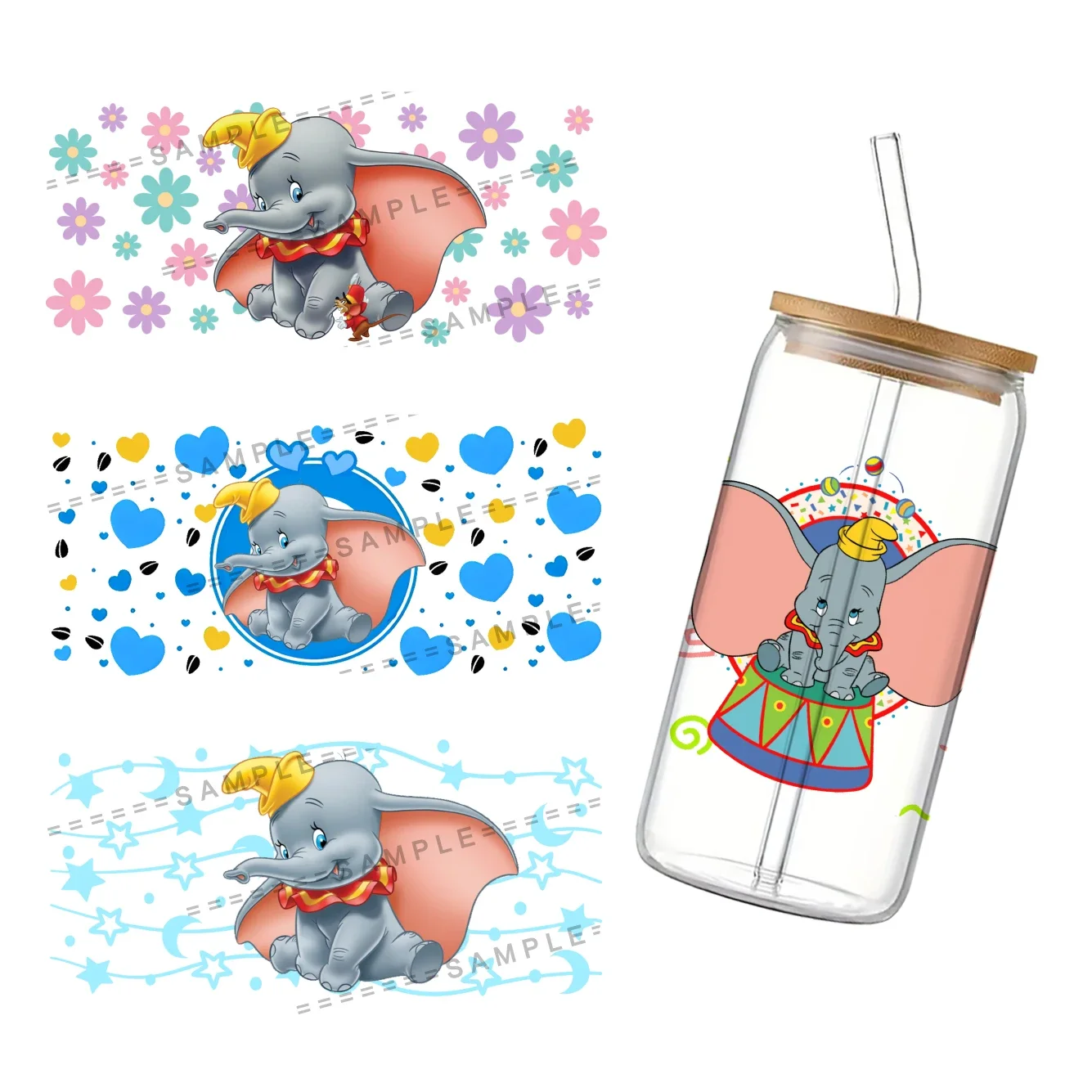 Disney Dumbo 3D Waterproof UV DTF Cup Wrap for 16Oz Libbey Glass Can DIY Transfer Sticker