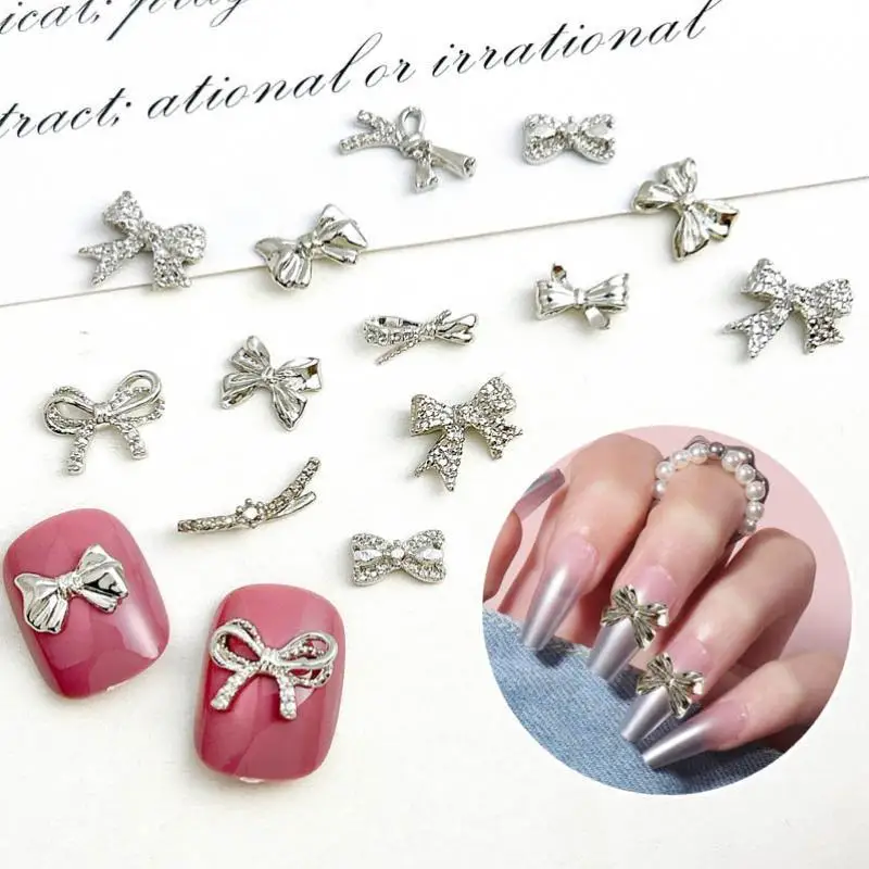 

10Pcs Irregular Hollowed-out Bowknots Nail Art Decorations Minimalist Alloy Silver Ties Nail Charms for DIY Cool Style Nails