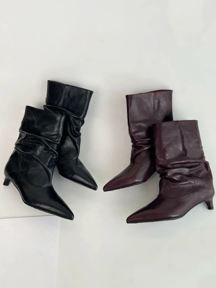 Fashionable Autumn Winter Pointed Toe Foldable Boots Women's  Heel Mid-Calf Short Boots Leather Version Sleeve  Heel