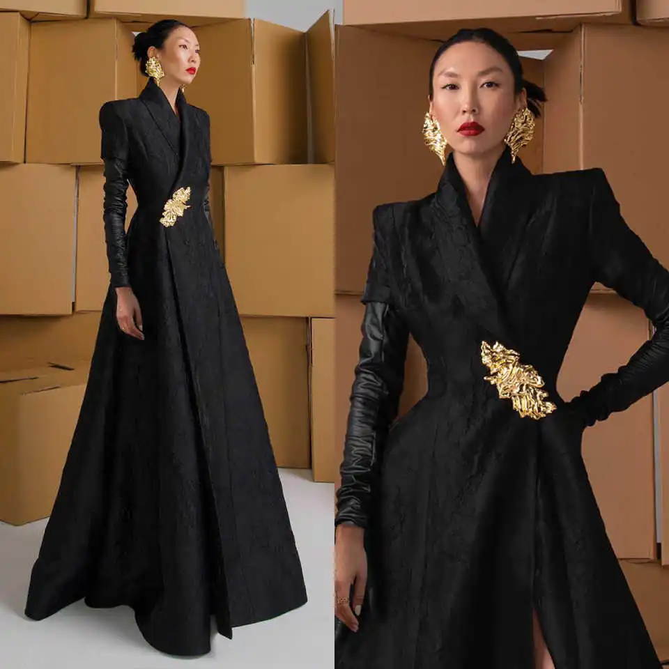Elegant Women Long Blazer Floral Jacquard Tuxedos Shawl Lapel Lady Slim Fit Floor Length Coat Custom Made Only Jacket