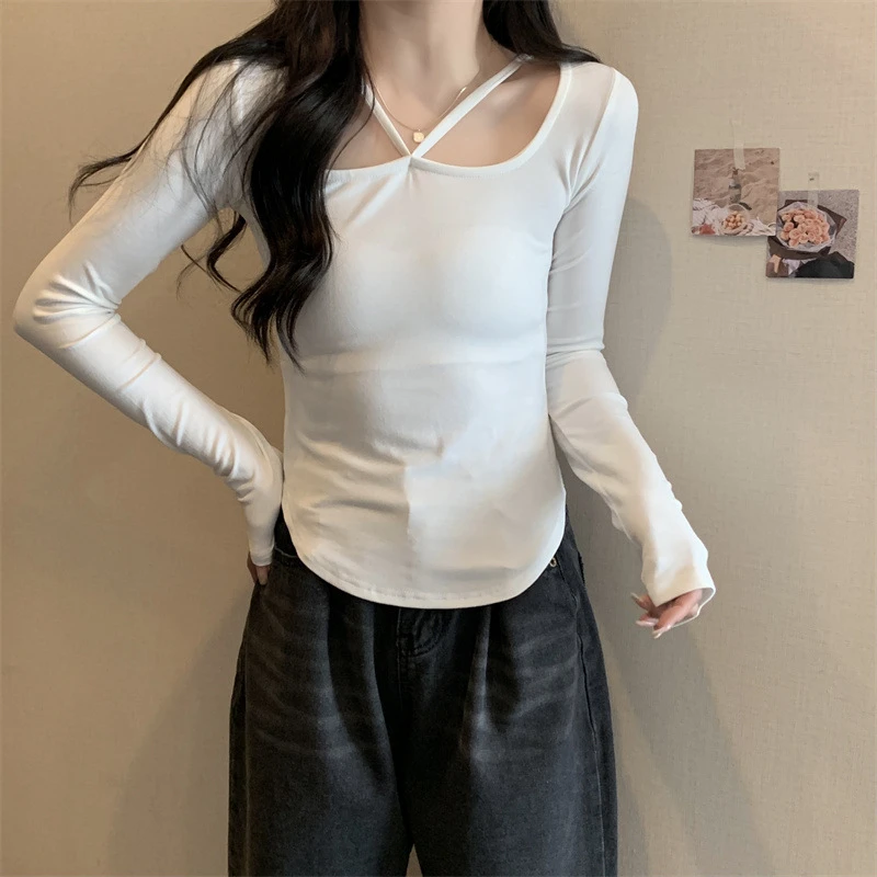 Korean Fashion Y2K T-shirt Woman Long Sleeve Crop Top Women Slim Hollow Out Tee Shirt Femme Solid Clothes Women Tshirt Autumn