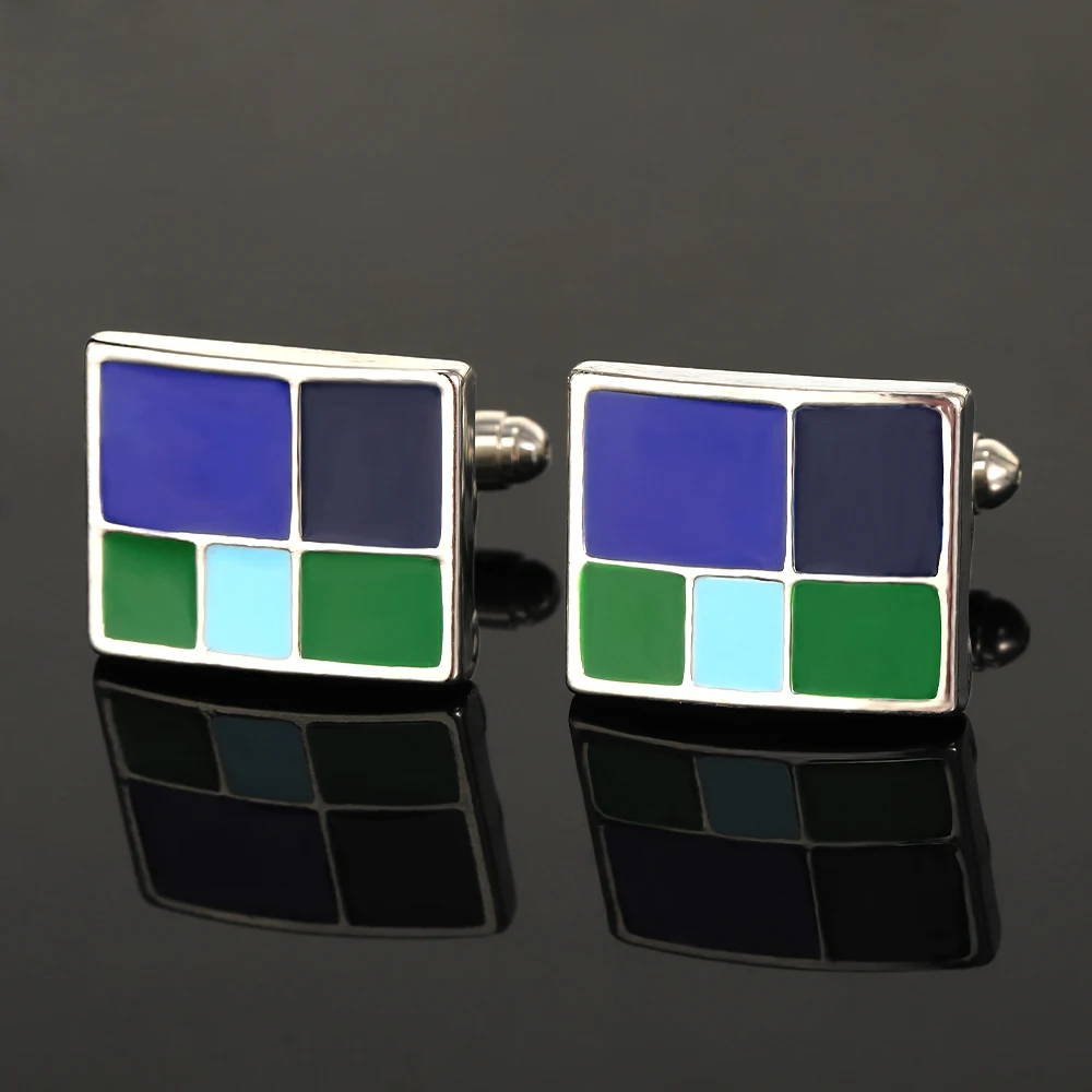 Creative Plaid Square Enamel Mens Cufflinks Blue Green Colors Checked Sleeve Button For Suit Tuxedo Jewelry Accessories