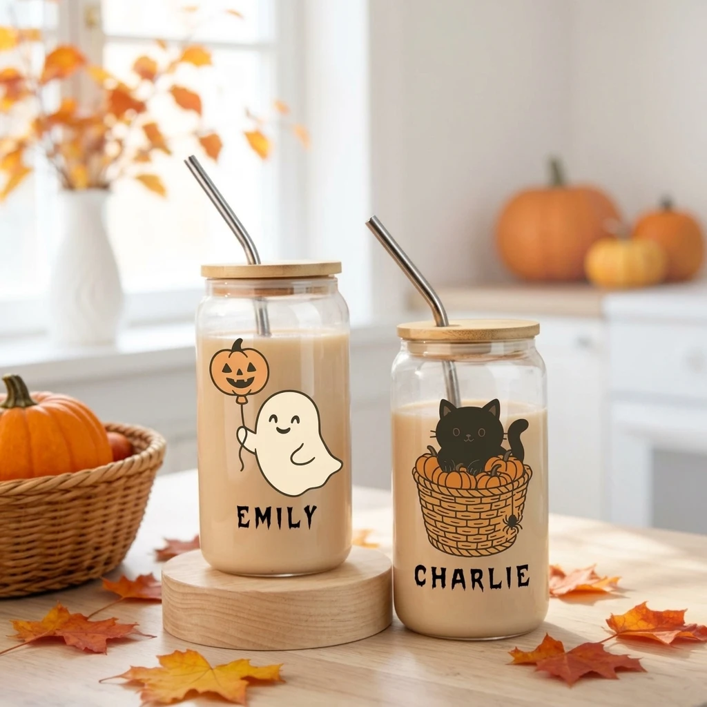 Cute Ghost Pumpkin Frosted Clear Glass Can Tumbler, 16oz Iced Coffee Glass Cup with Bamboo Lid & Metal Straw, Home Office Mug.