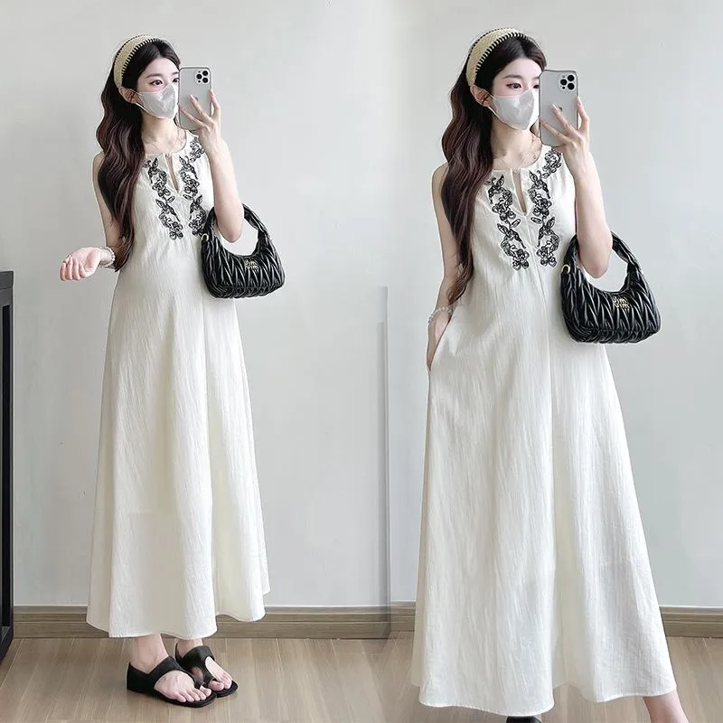 2026-korean-version-pregnant-women's-dress-summer-style-new-fashionable-sleeveless-loose-long-skirt-v-neck-maternity-dress-zi974