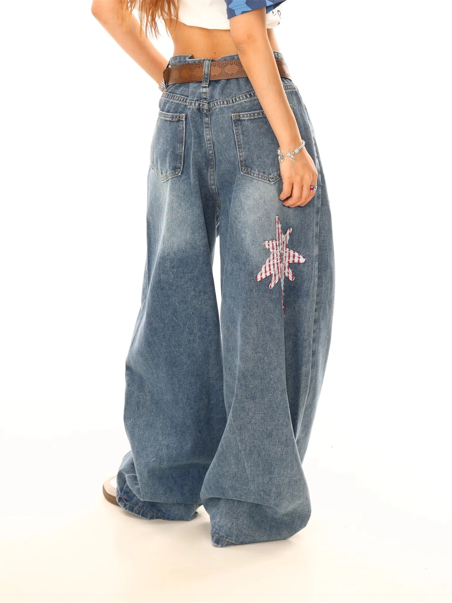 High Street Rivet Y2k Frau Lange Jeans Denim Stern Patchwork Gerade Hosen 2025, Neue Mode Casual frauen Hosen