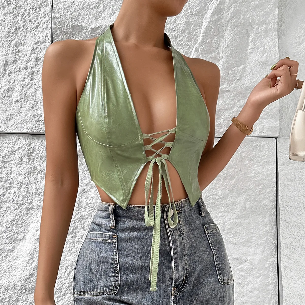 Green Pu Leather Bustier Tank Tops Sexy Lace-up Halter Corset Crop Top Summer Sleeveless Lingerie Camis Streetwear Woman Clothes