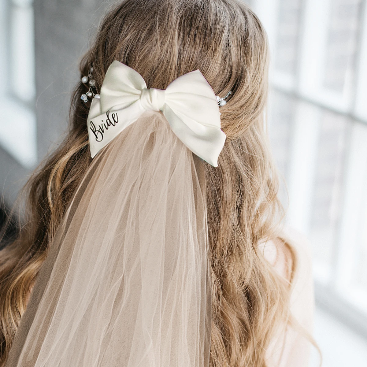 White Bow Veil Bride Party Decorations Bridal Shower Photo Props weekend girls trip Party Gift Bachelorette  Party Supplies