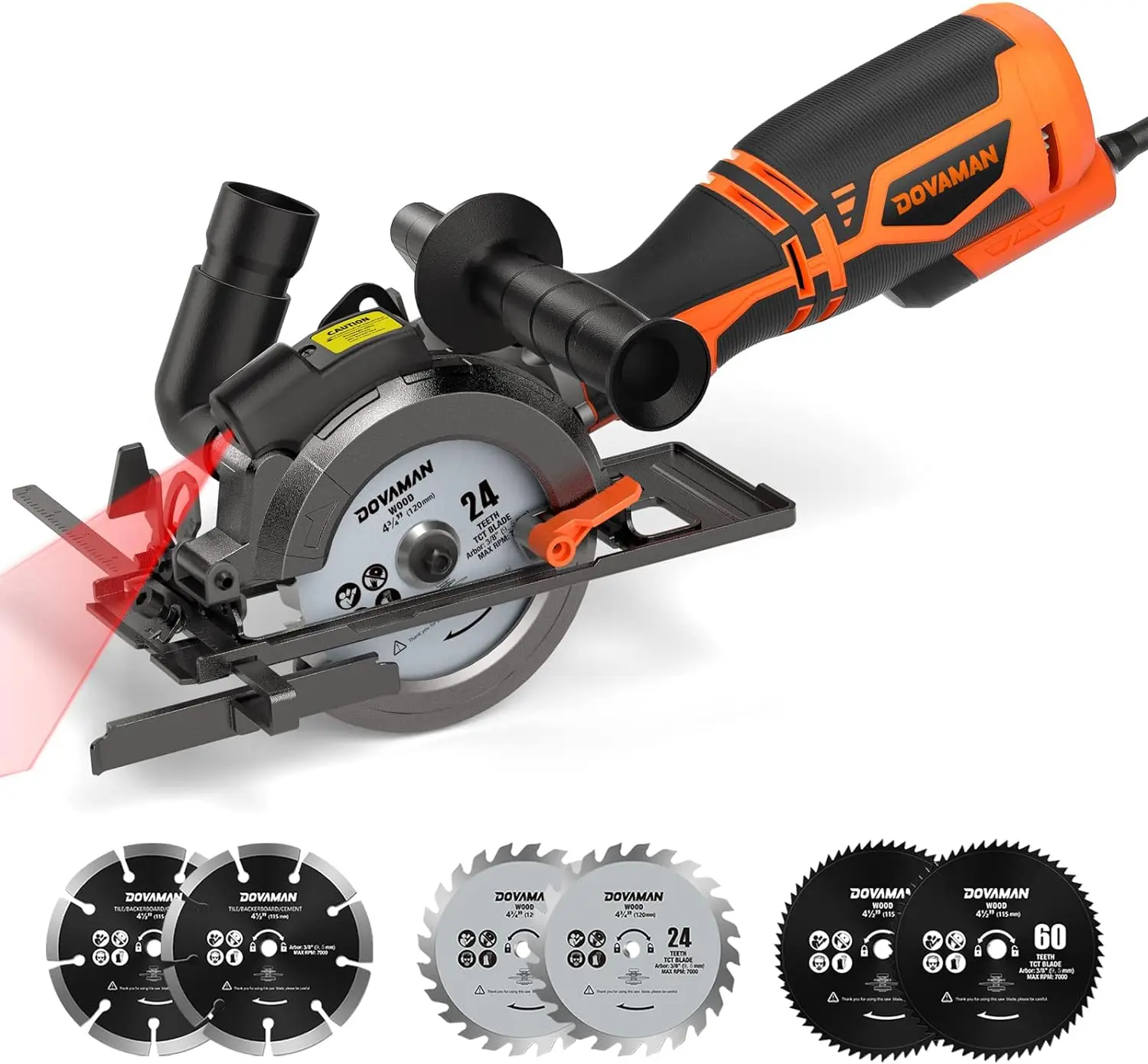 

5.8A 4-1/2" Circular Saw w/Laser, Metal Auxiliary Handle, 6 Saw Blades (4½", 4¾"), Cutting Depth 1-11/16" (90°), 1-3/8" (45°)