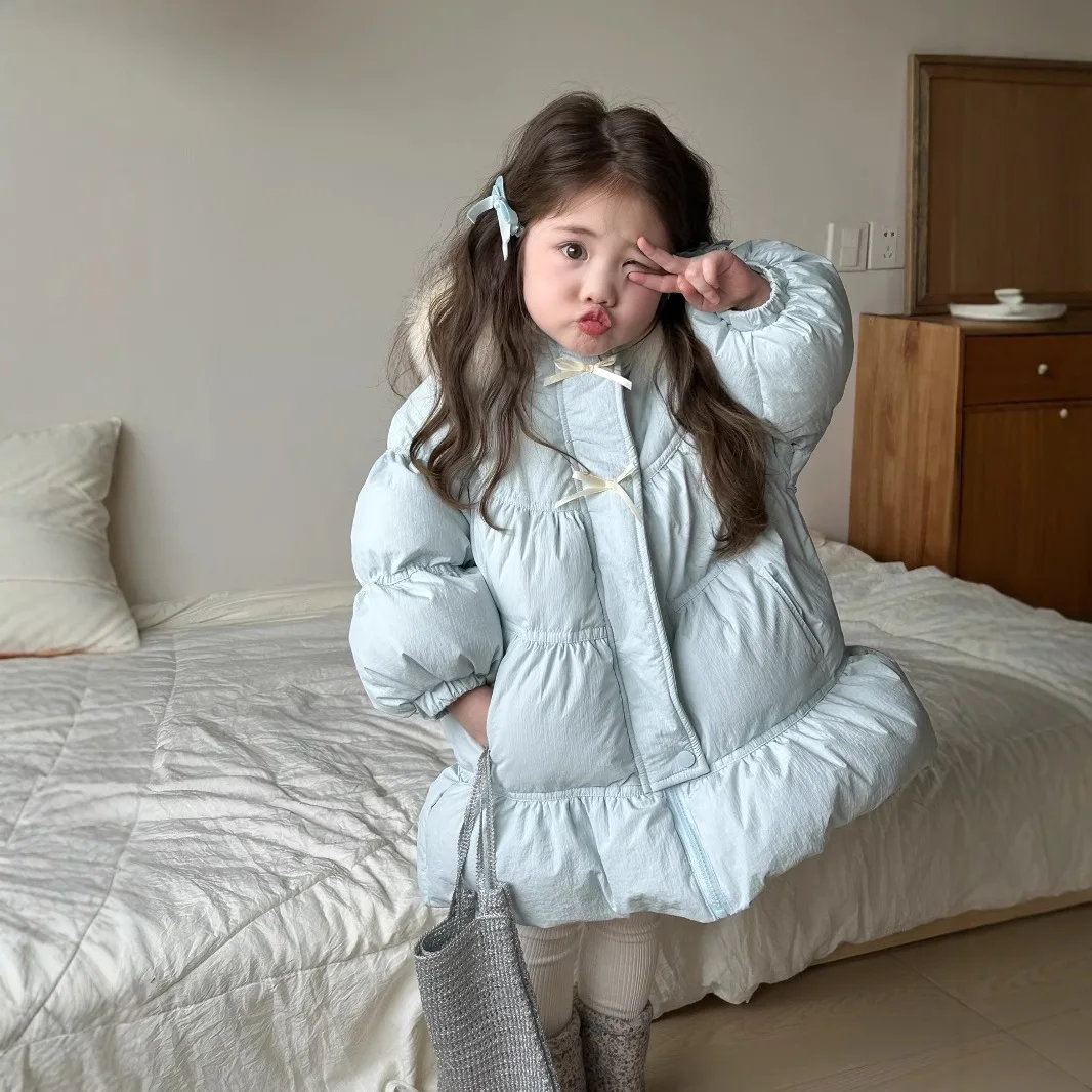 Girl's Sweet Hooded Bow Down Jacket Winter Children Infants Kids 90 White Duck Down Coat Fur Collar Children's Clothing