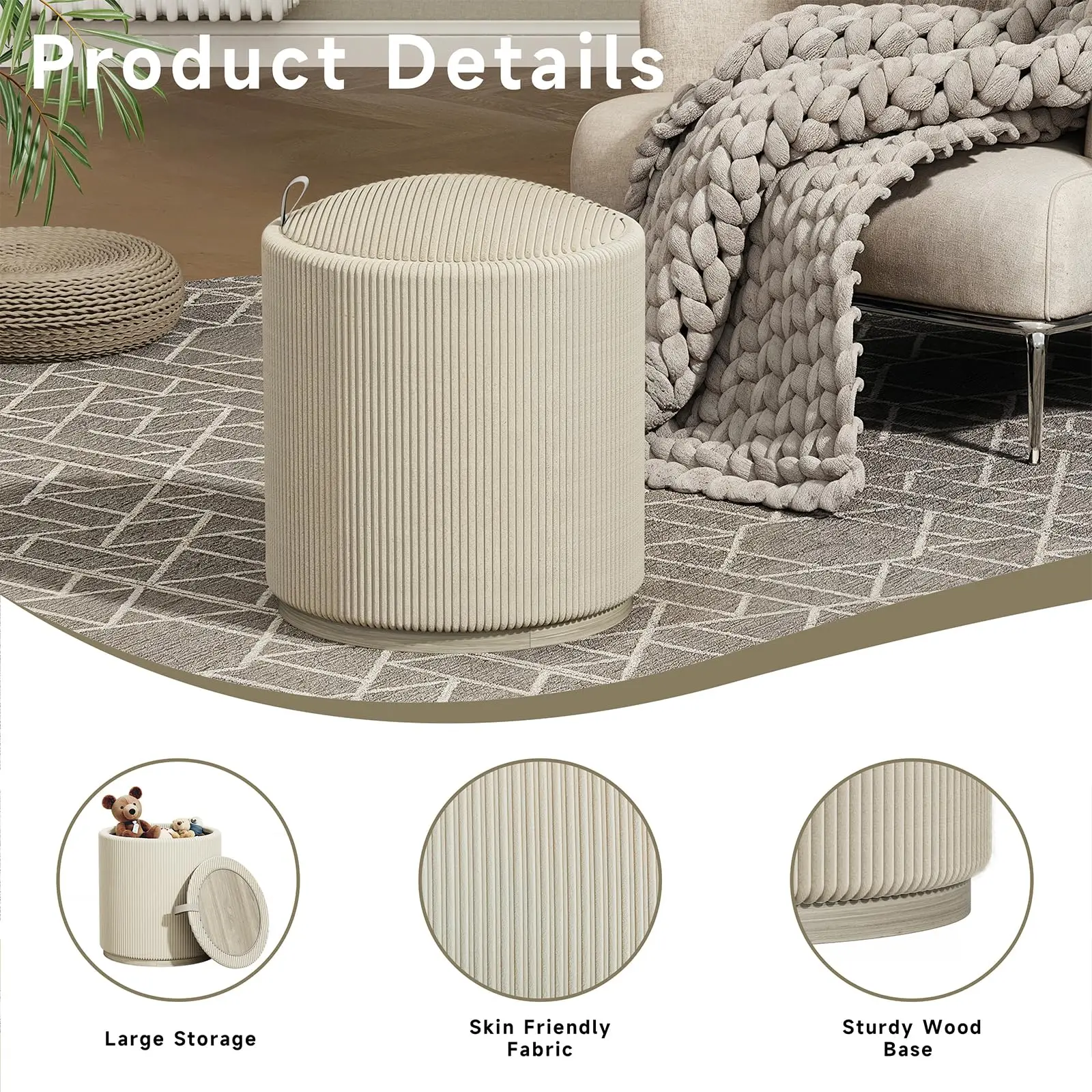 Round Storage Stools＆Ottomans Makeup Vanity Organizer Chair with Removable Lid Wood Upholstered Footrest for Living Room Bedroom image 3