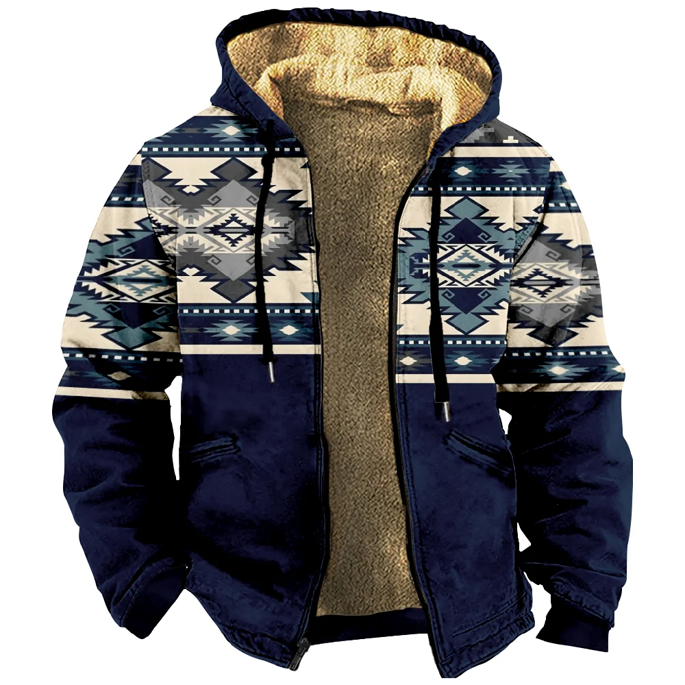 Men's Zipper Hoodies Fleece Long Sleeve Coat Jackets Aztec Tribal Graphics Casual Winter for Man Zip-Up Sweatshirts Outerwears