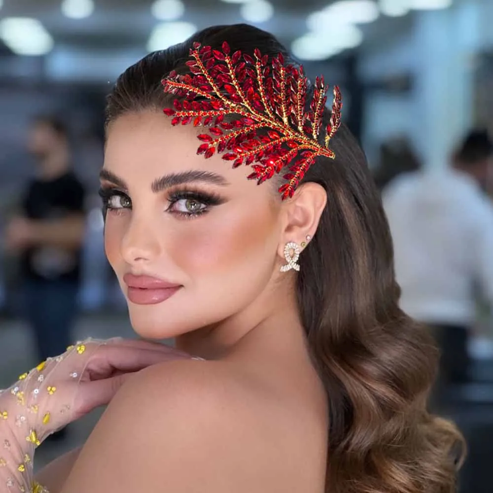 DZ110 Red Rhinestone Tiara Princess Headband for Girls Birthday Accessories Bridal Crystal Headpieces Wedding Hair Jewelry Set