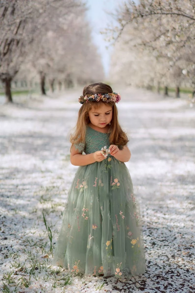 Fairy Floral Sage Green Mommy Daughter Dresses Soft Tulle Wedding Guest Mom and Me Matching Outfits Toddler Flower Girl Dress