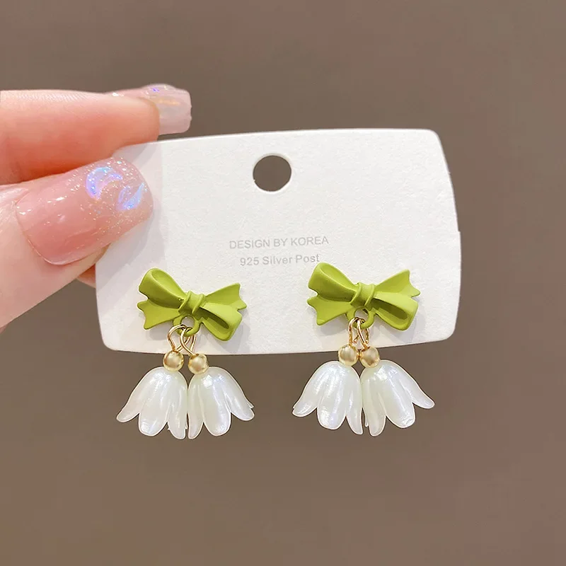 Green Bowknot Knotted Lily of the Valley Pendant Earring for Women Convallaria Majalis Jewelry Wholesale Christmas Girl Gift