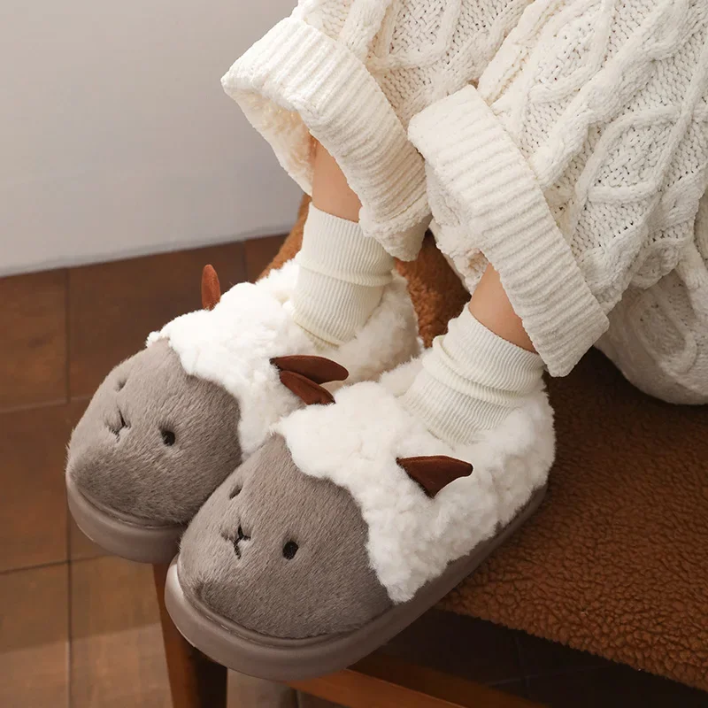 Women Winter Cute House Slippers Men Home Indoor Cartoon Goat Shoes Couple Cozy Anti-slip Outdoor Cotton Footwear