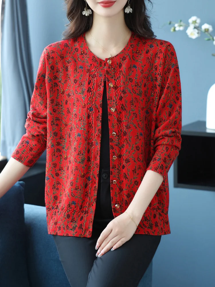 

Floral Print Female Cardigan Autumn Spring Knitted Women Sweaters Korean Fashion Long Sleeve Tops Cardigans