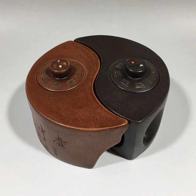 Yixing Zisha Clay Tai Chi Yin Yang Teapot Handmade Bagua Gossip Carved Dual-part Tea Pot Dahongpao Black Diamond Clay Tea Set
