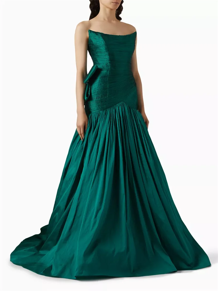 

Hot Selling Strapless Neckline Draped Bodice Satin Straight Evening Dress Back Bow Embellished Floor Length Sweep Train Gowns