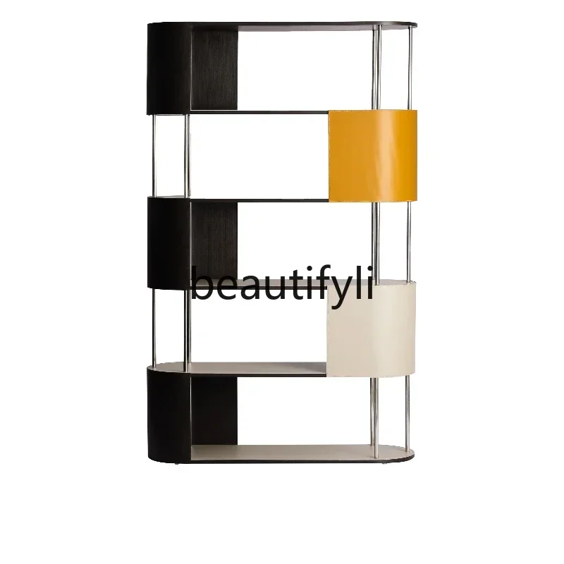 

11Multifunctional Tin Grey/Naples Yellow Saddle Leather Color Matching Bookshelf Bookcase Shelf