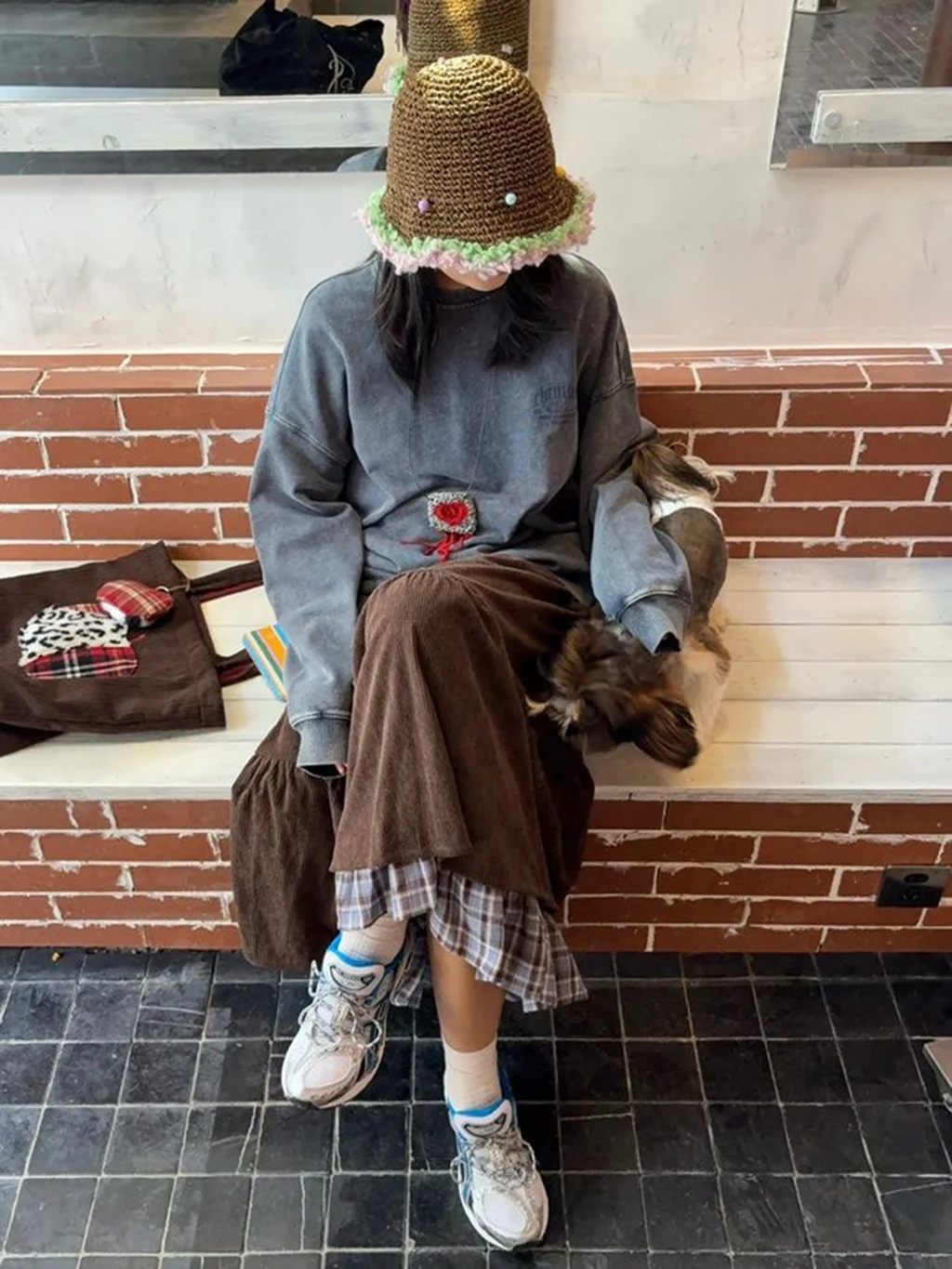 سروال قصير عتيق تنورة طويلة يابانية Preppy منقوشة المرقعة عالية الخصر النساء التنانير Harajuku ريترو فضفاض عادية الحلو كعكة Skir