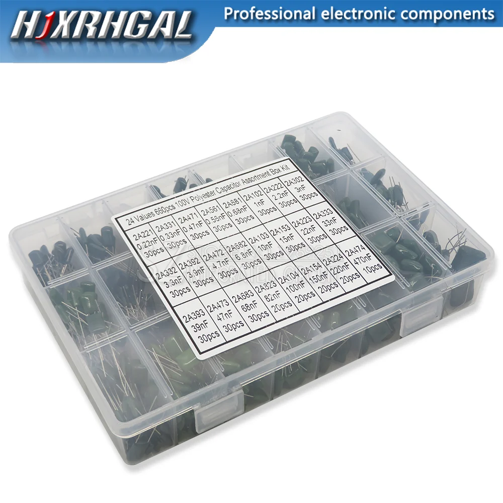 

660PCS/lot 24Value Capacitor kit 100V 2A221J to 2A474J Polyester Film Capacitor Assorted Kit 0.47nF 0.68nF 1nF 2.2nF Capacitors