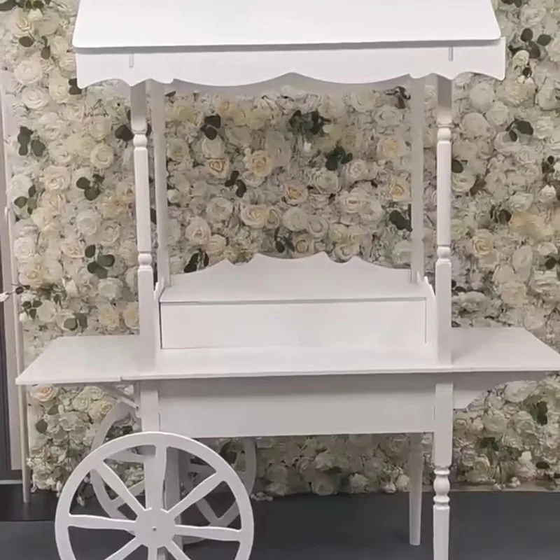 White display candy carts with custom logos - outdoor desserts and knurled carts on wheels, perfect for weddings and parties