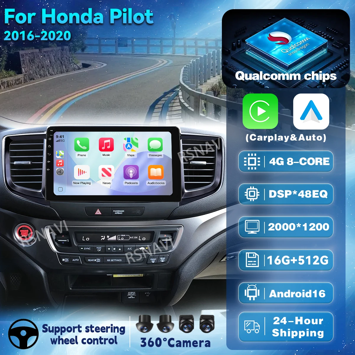 Android 16 CarPlay Auto Qualcomm 2K Screen Car Radio Player For Honda Pilot 2016 - 2020 GPS Wifi 4G Navigation Stereo Multimedia