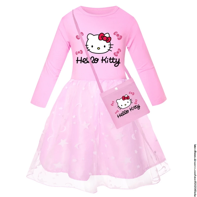 New Hello Kitty Kids Clothes Long Slevess Dresses Cotton Rainbow Full Dress Teen Cartoon Girl Clothing Party Clothes 2-7Years