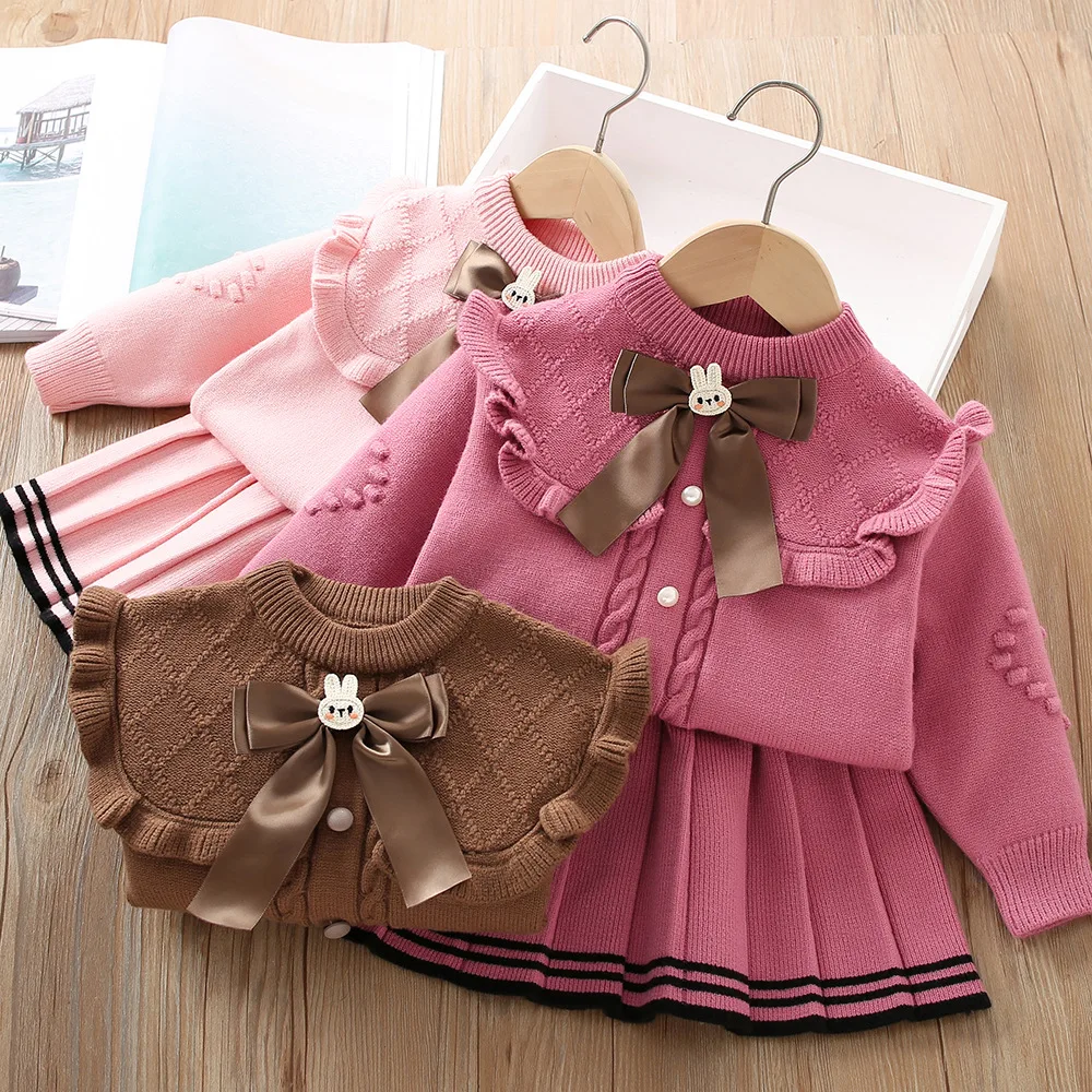 Children\'s sweater set girls\' autumn and winter Korean version solid color knitted pullover top+skirt set 1-6 years old