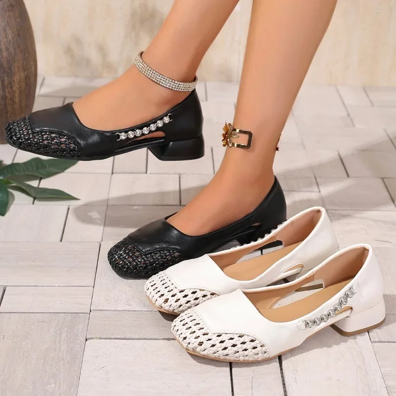 

French Square-toed Woven High-heeled Sandals 2025 Summer New Skeletonized Fashionable Leather Fabric Mid-heel Women's Shoes 40