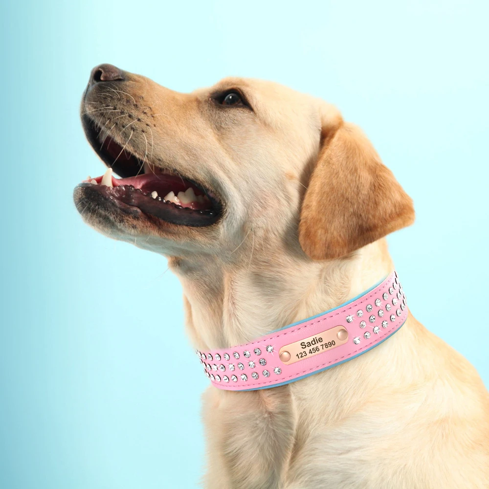 Custom Leather Dog Collar Bling Rhinestone Big Dog Collars Soft Padded Pet Necklace With Engraved ID Tag For Medium Large Dogs