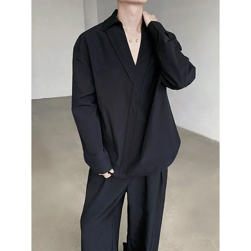 Korean Stylish V-neck Chic Button Blouses Front Pocket Harajuku Men\'s Solid Long Sleeve Turn-down Collar Shirt White/Black