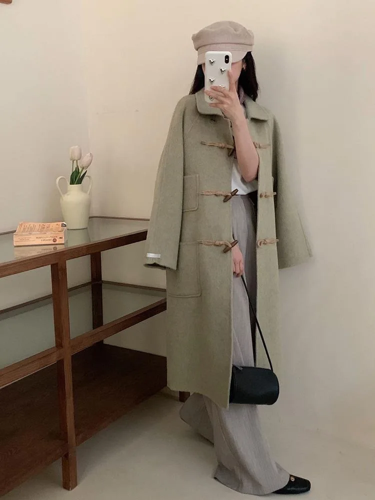 

Corner buckle double-sided cashmere coat women's medium and long 2024 early spring style college style design wool coat