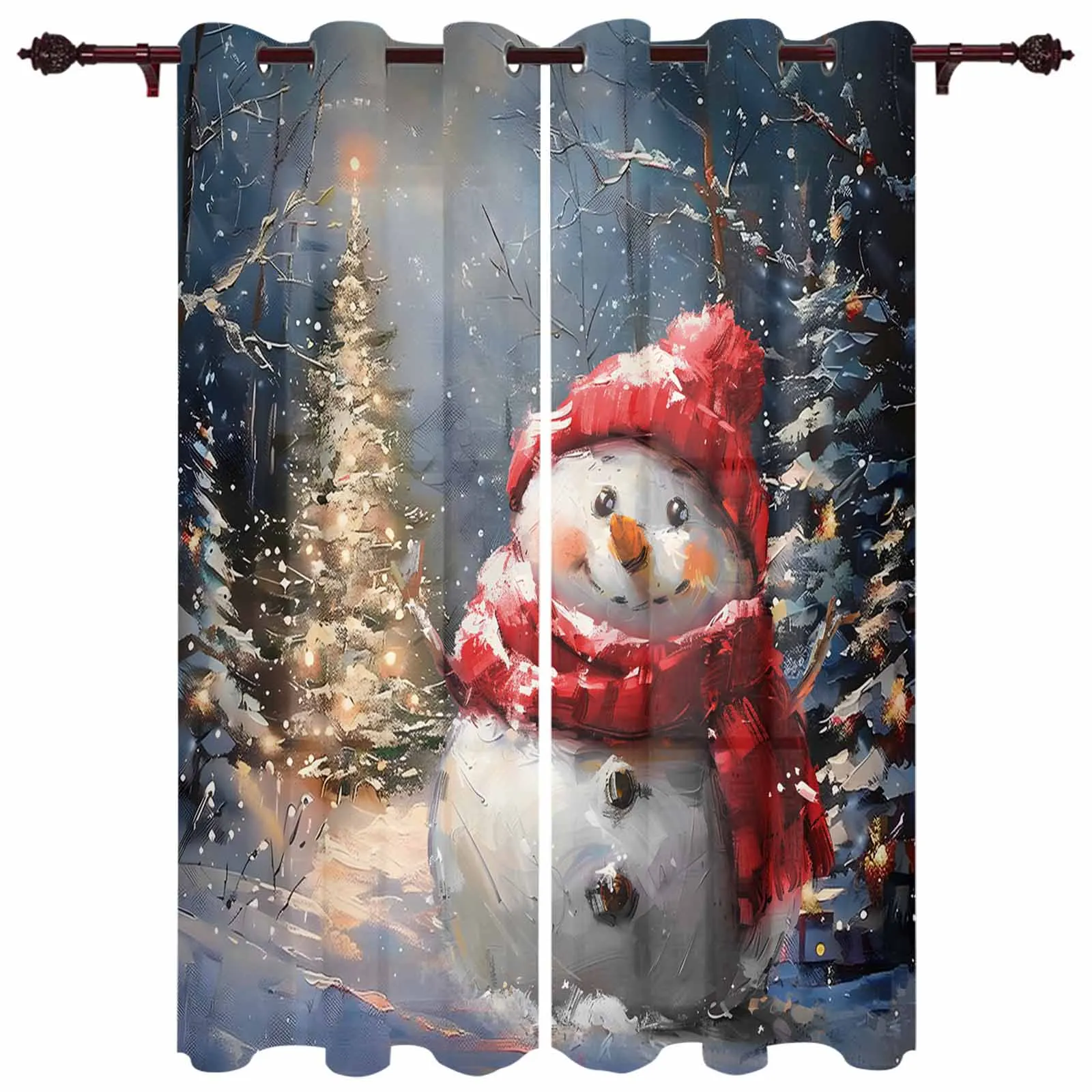 Christmas Snowman Vintage Oil Painting Windows Curtains Living Room Luxury Decor Xmas Curtain Bedroom Kitchen Window Drapes