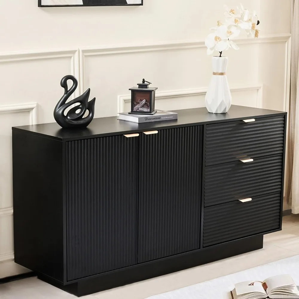 

55 Fluted Sideboard Buffet Cabinet with 2 Doors & 3 Drawers, Modern Coffee Bar Console Table with Storage for Dining Room