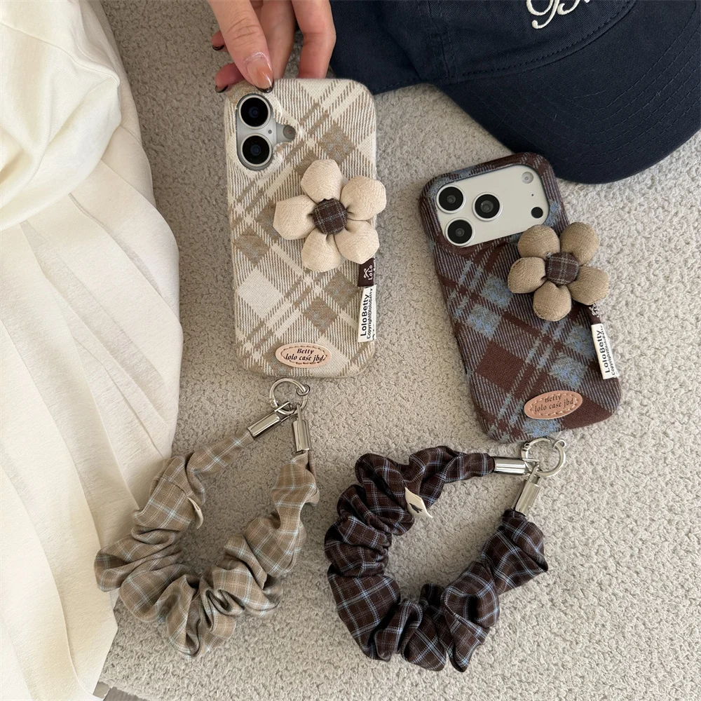 Kawaii Plaid Woolen Phone Case for iPhone 18 17 16 15 Pro Max 3D Flower Cute Cover With Plaid Ruffle Wrist Strap Korea Fundas