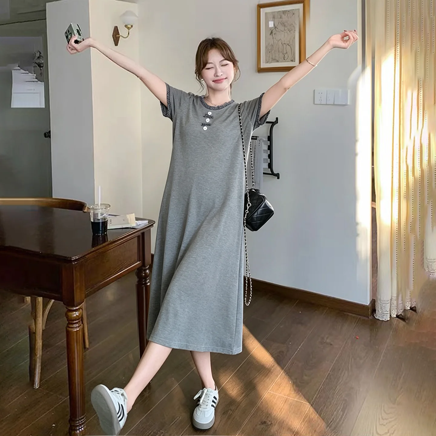 French Style Pregnant Woman Summer Dress Short Sleeve O-neck Maternity Long Loose Casual Dresses