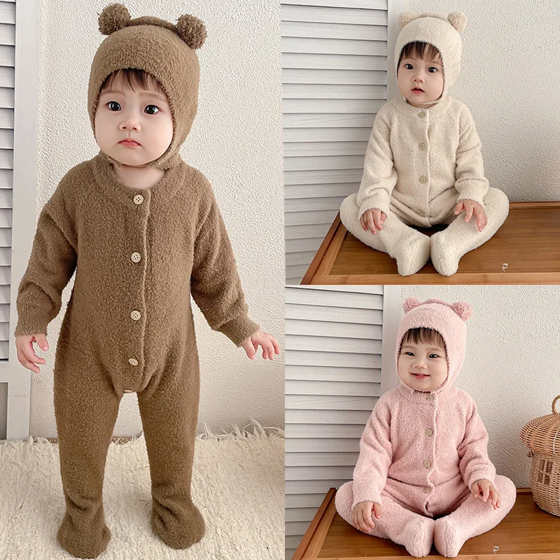 

2025 New Autumn 0-24M Children Knitted Clothes Toddler Baby Girl Romper+Hat Long Sleeved Solid Color Infant Baby Girls Jumpsuit
