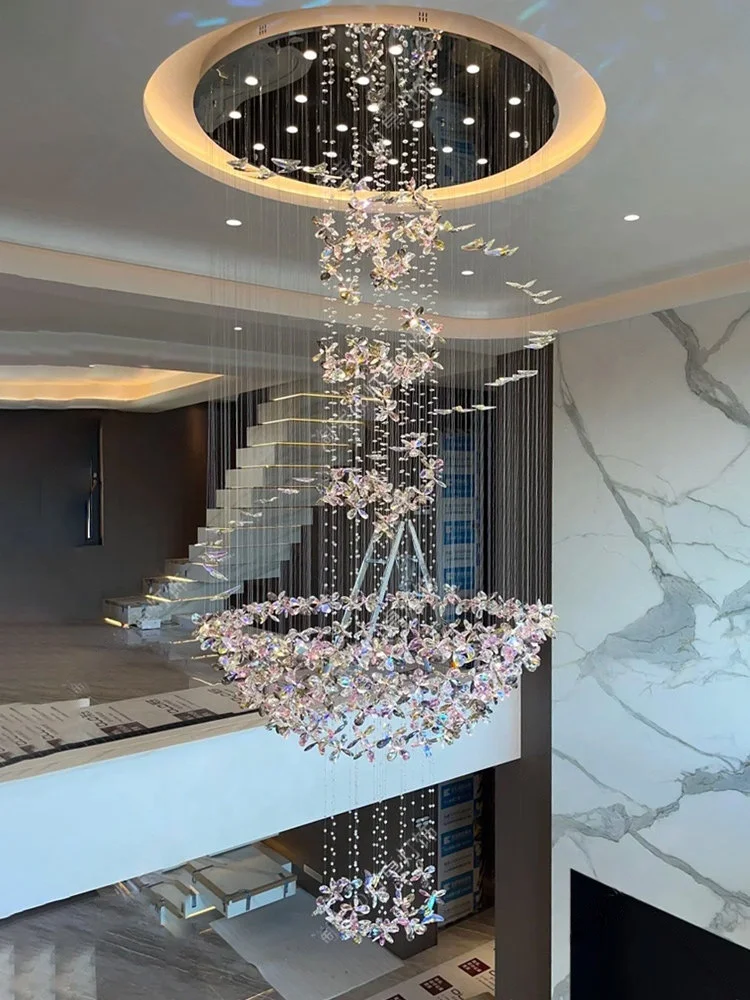 New Modern Led Wire Hanging Crystal Lamp Home Decoration Villa Living Room Hanging Butterfly Duplex Staircase Light Fixture