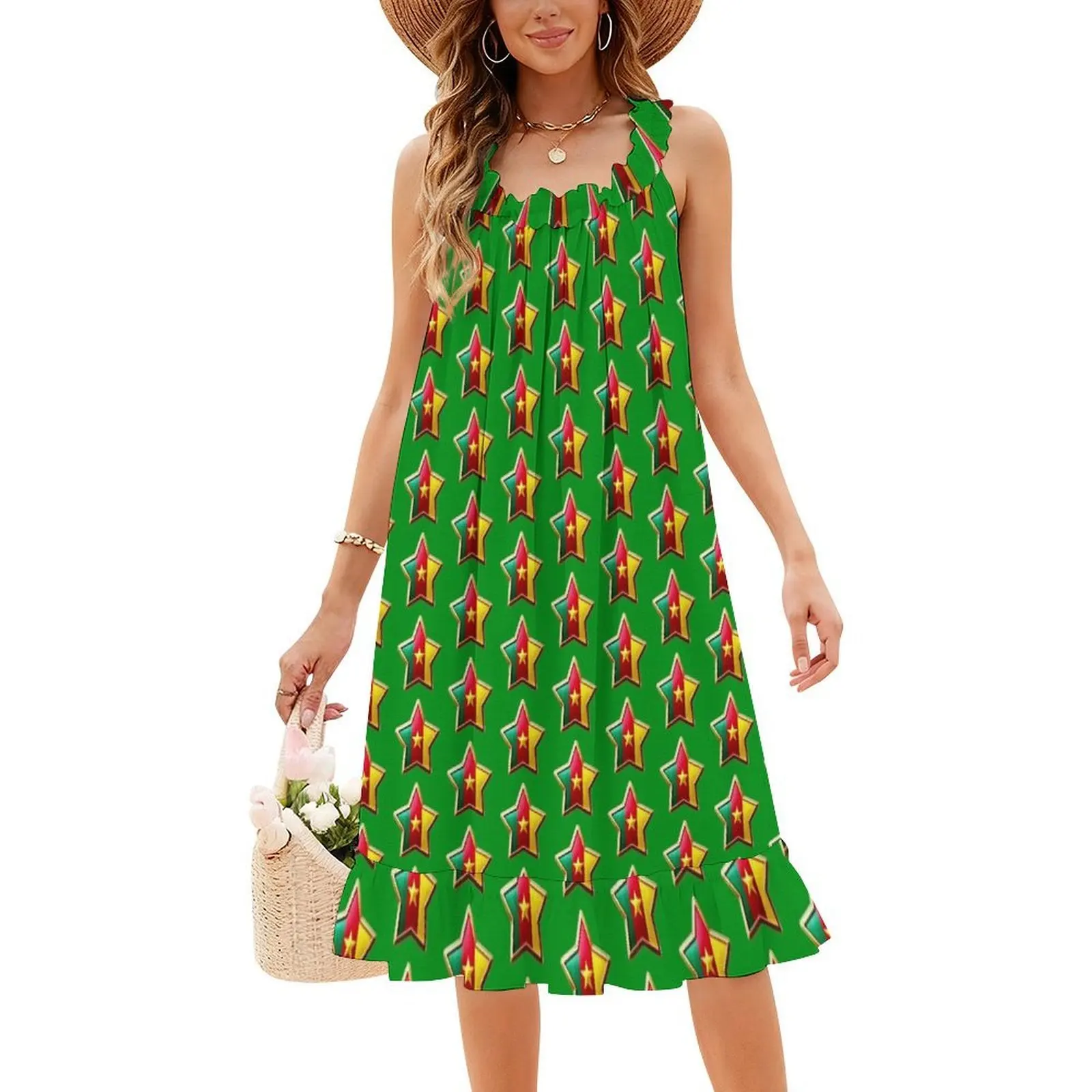 ? تصميم علم نجمة الكاميرون المجد اللامع؟ فستان قصير على طراز Preppy للنساء على شكل حرف A فستان يوم كاجوال فضفاض مناسب #4