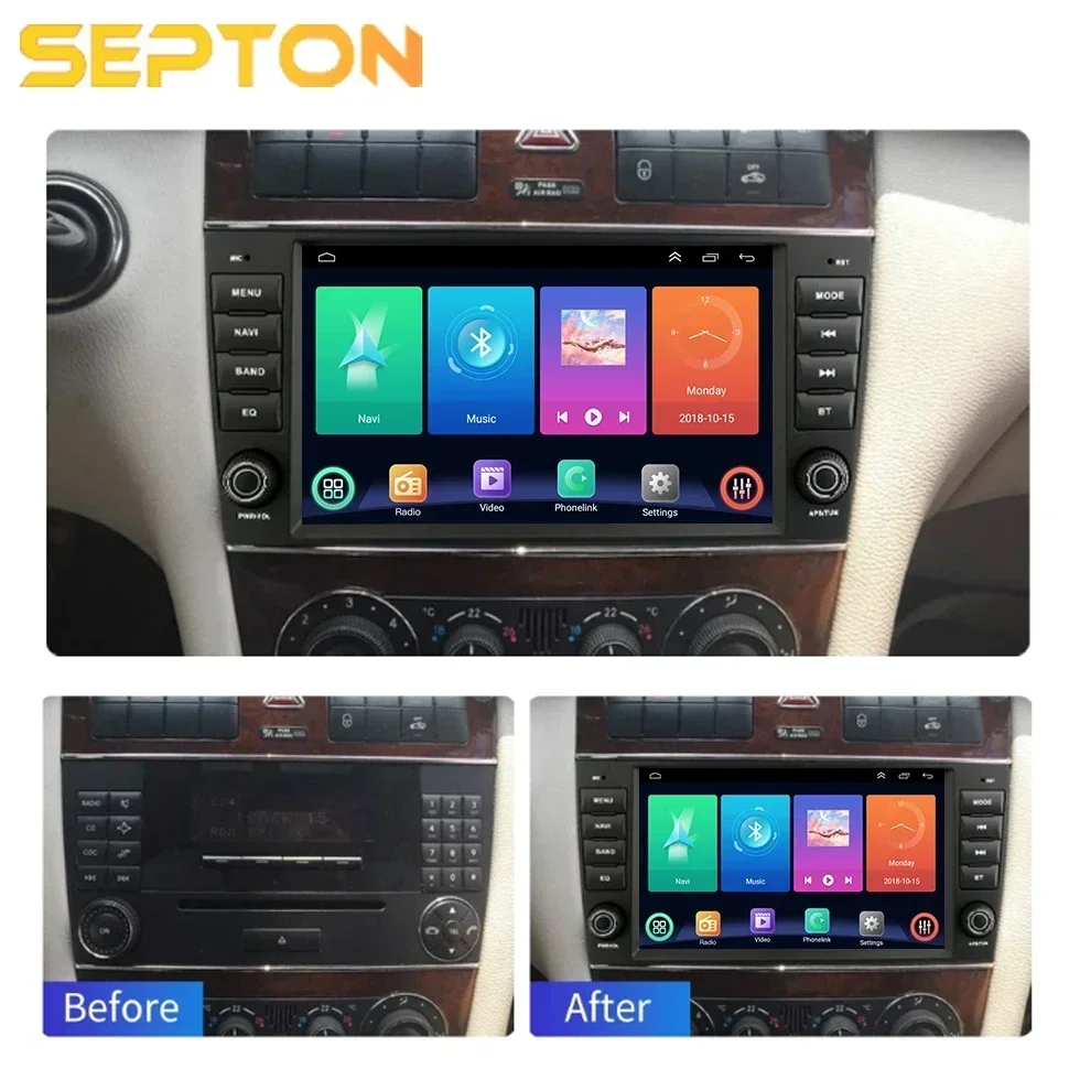 SEPTON Android12 Car Radio Carplay for Mercedes Benz W203 W209 W219 A Class A160 C-Class C180 C200 CLK200 C230 2004-2011 GPS