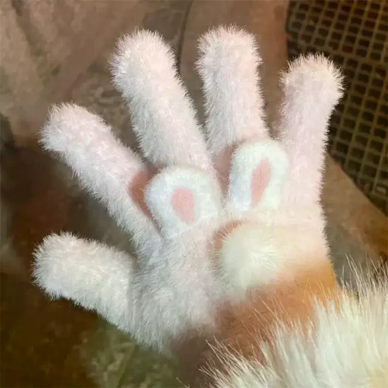 

Милые розовые перчатки с кошачьими ушками и кроликом; Теплый плюшевый материал помпона; Защита от холода на пять пальцев; Женский рождественский подарок.