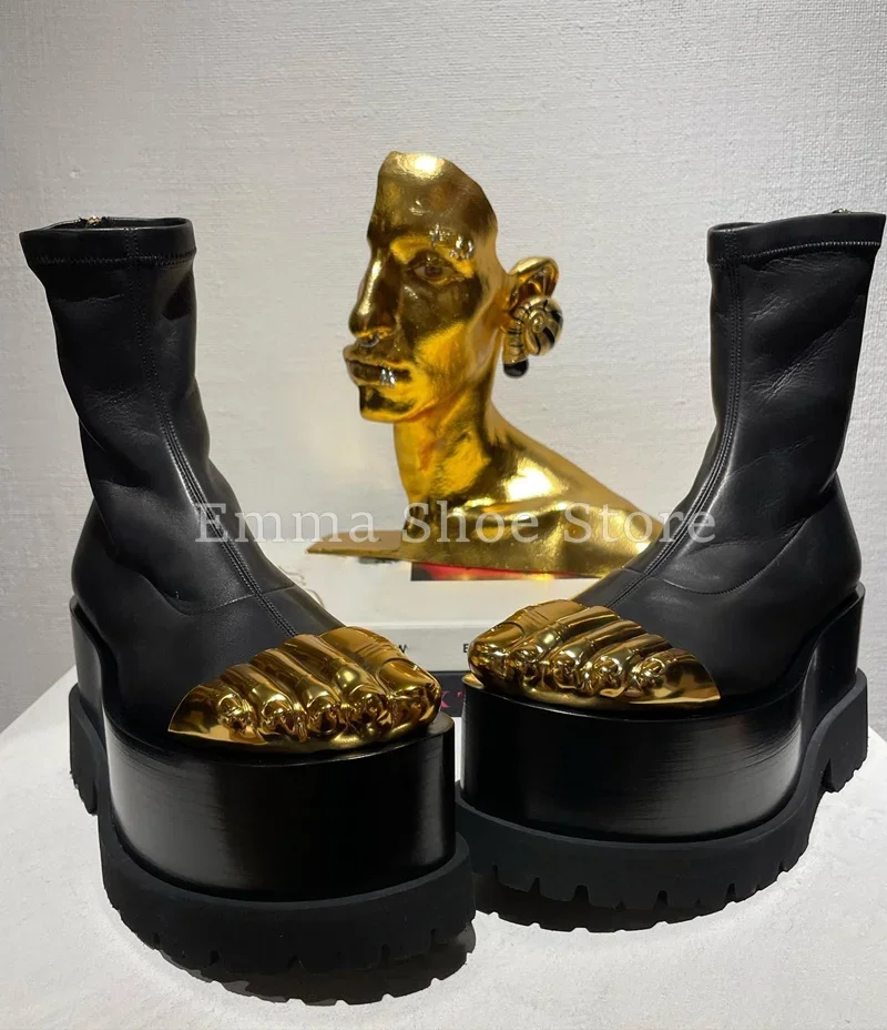 Sepatu Boots Wanita Golden Toe 2025, Model Stretch, Sol Tebal, Resleting, Platform Modern, Sepatu Retro Kulit, Wedge, Lima Jari, Tinggi Betis Sedang