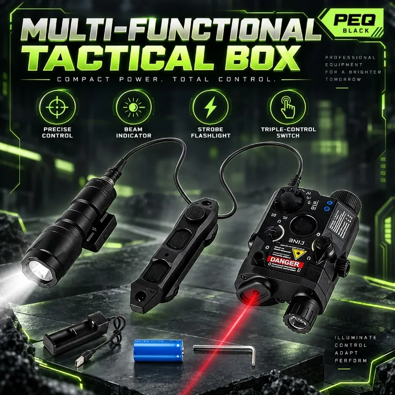 Premium PEQ15‑Shaped Hobby Showcase Kit, Tunable Red‑Green Beam, Strobe Flashlight & Plug‑in Triple‑Control Wired Switch