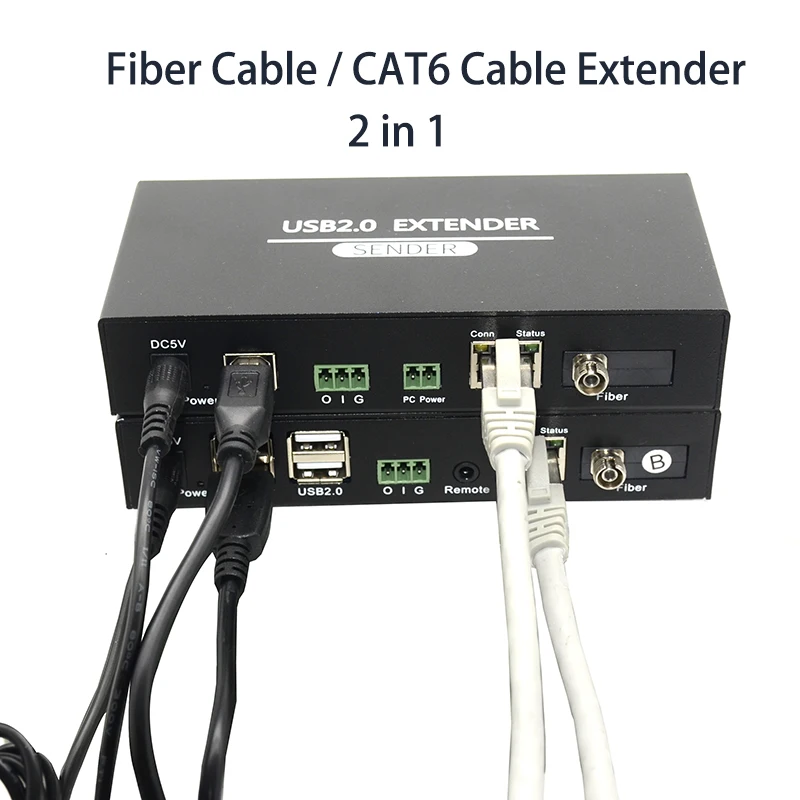 20KM 4 Port USB2.0 FC Fiber Optic Cable Extender with RJ45 Cat6 Cable 100m Video Transmitter Receiver 2in1 for Webcam Printer